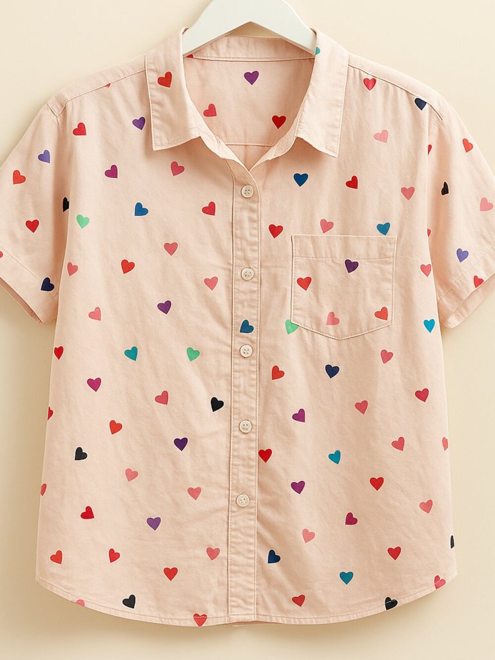 LulaRoe AmyHeart Print Button-Up Shirt | Blush Pink | Short Sleeve | Size S/M